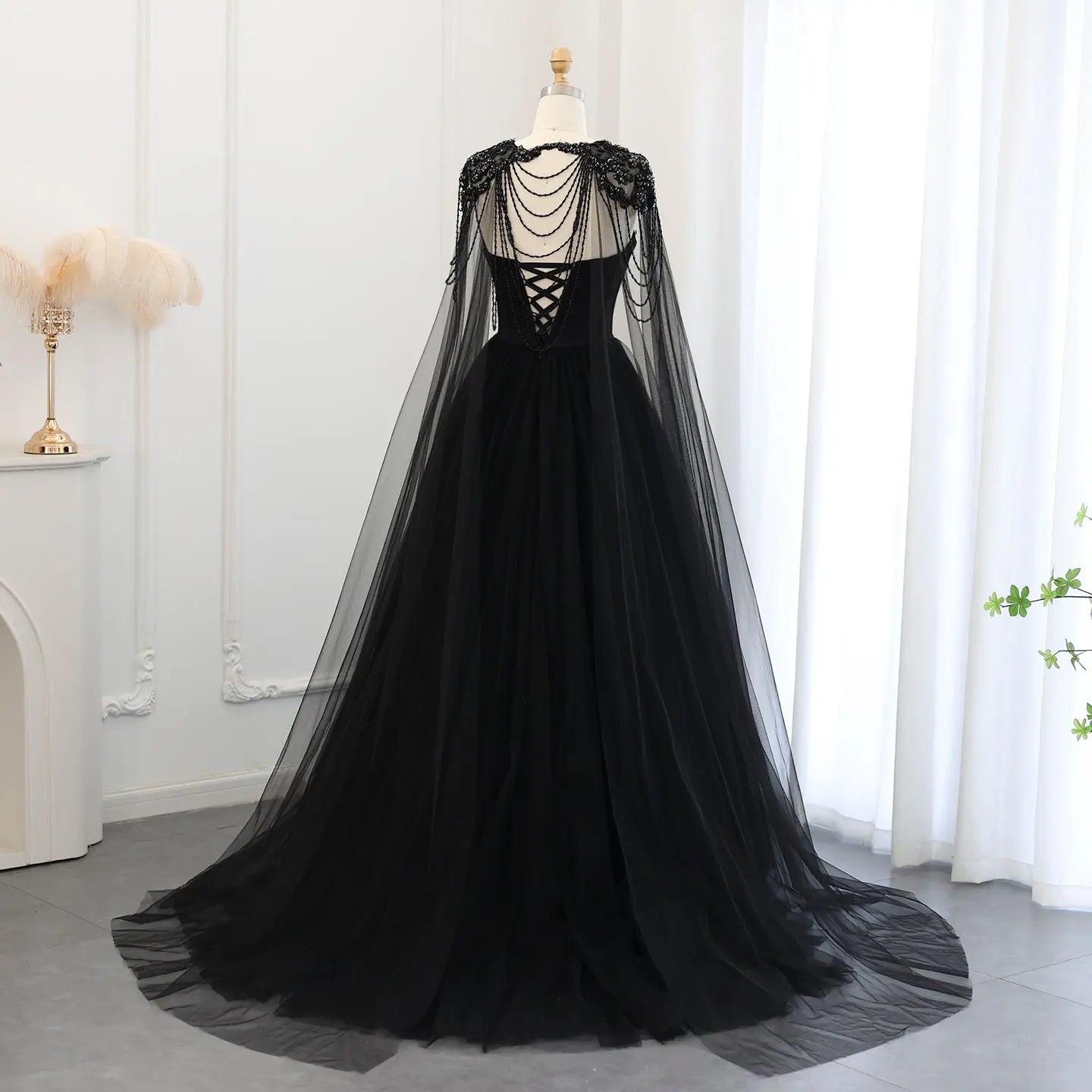 Black Luxury Gothic  Wedding Dress Beaded Tulle Ball Gown With Sheer Beaded Cape SW564