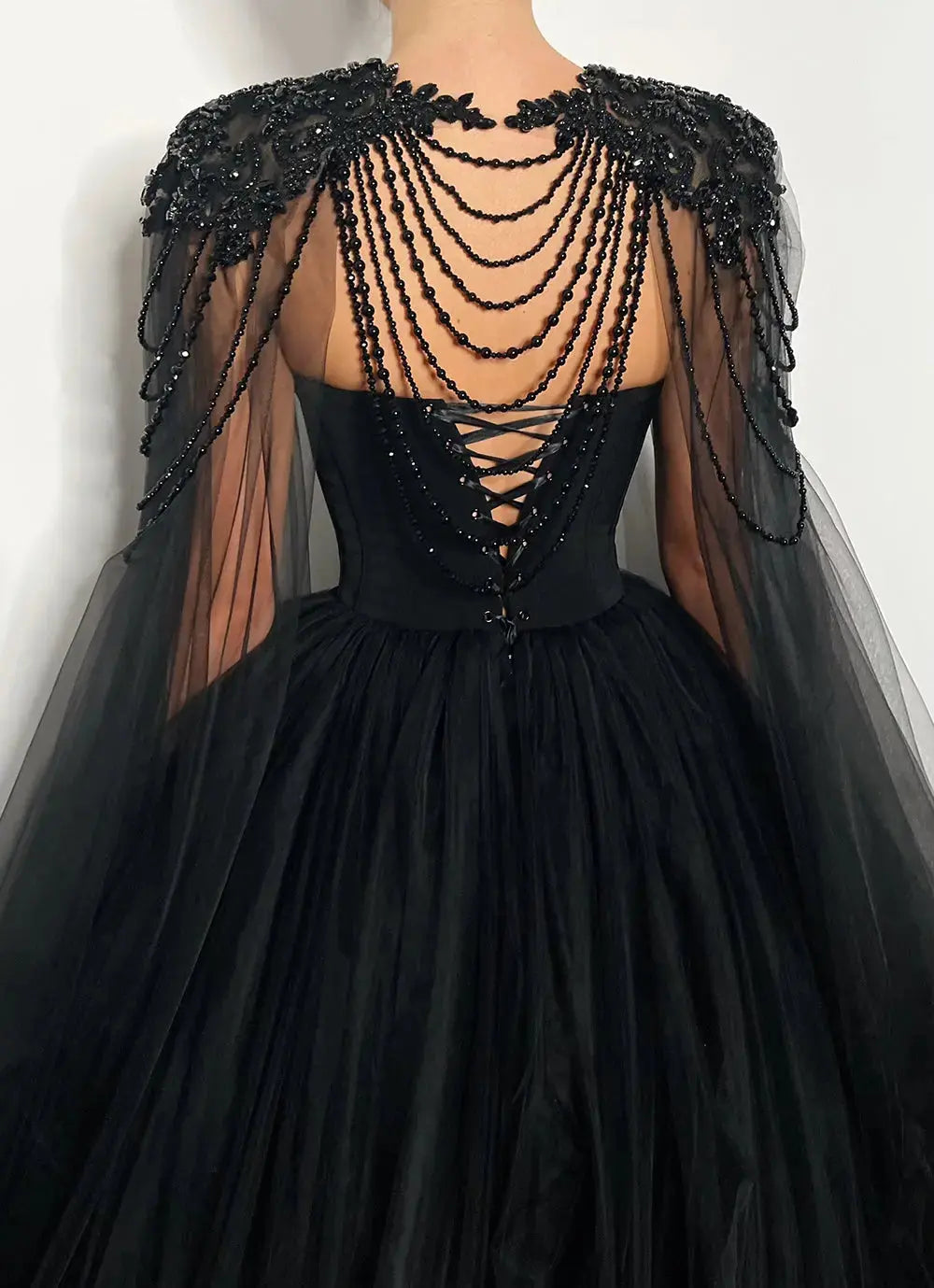 Black Luxury Gothic  Wedding Dress Beaded Tulle Ball Gown With Sheer Beaded Cape SW564
