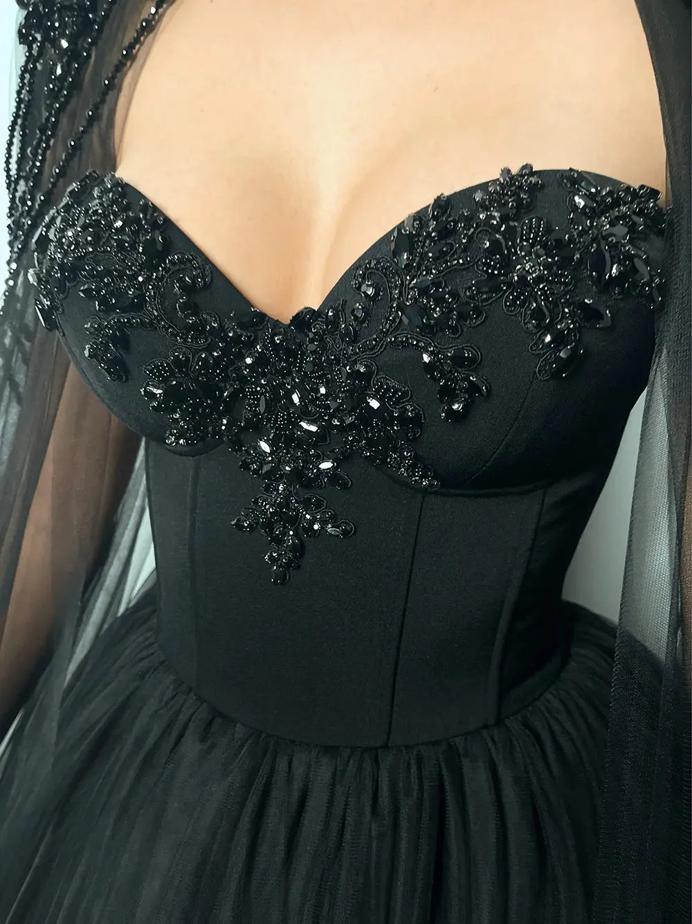 Black Luxury Gothic  Wedding Dress Beaded Tulle Ball Gown With Sheer Beaded Cape SW564