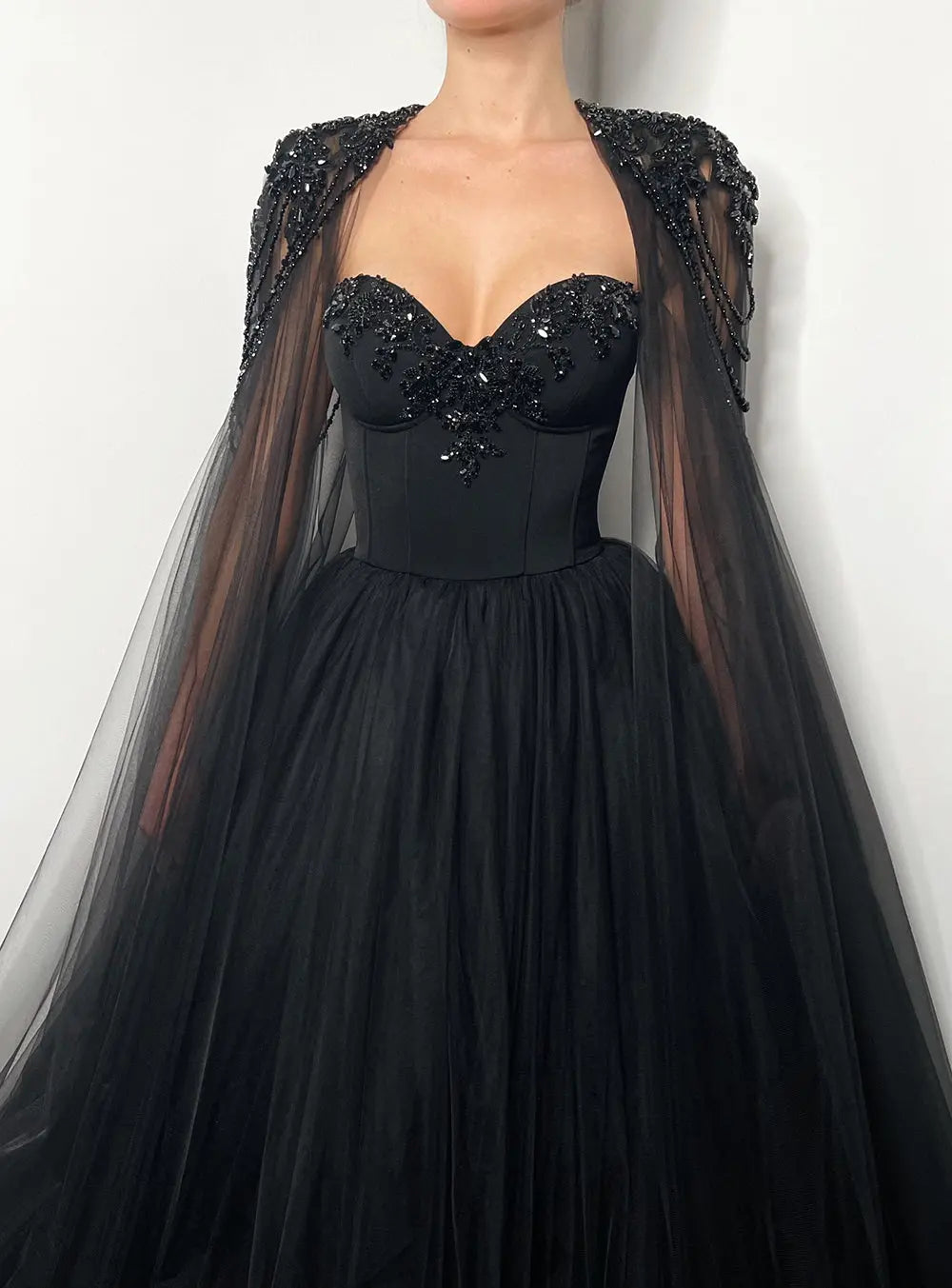 Black Luxury Gothic  Wedding Dress Beaded Tulle Ball Gown With Sheer Beaded Cape SW564