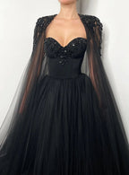 Black Luxury Gothic  Wedding Dress Beaded Tulle Ball Gown With Sheer Beaded Cape SW564