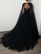 Black Luxury Gothic  Wedding Dress Beaded Tulle Ball Gown With Sheer Beaded Cape SW564