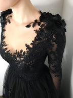 Black Luxury Gothic Wedding Dress 3D Floral Lace Tulle Sweep Train SW551