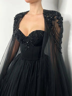 Black Luxury Gothic  Wedding Dress Beaded Tulle Ball Gown With Sheer Beaded Cape SW564