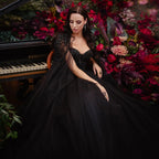Black Luxury Gothic  Wedding Dress Beaded Tulle Ball Gown With Sheer Beaded Cape SW564
