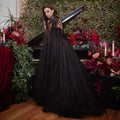 Black Luxury Gothic  Wedding Dress Beaded Tulle Ball Gown With Sheer Beaded Cape SW564