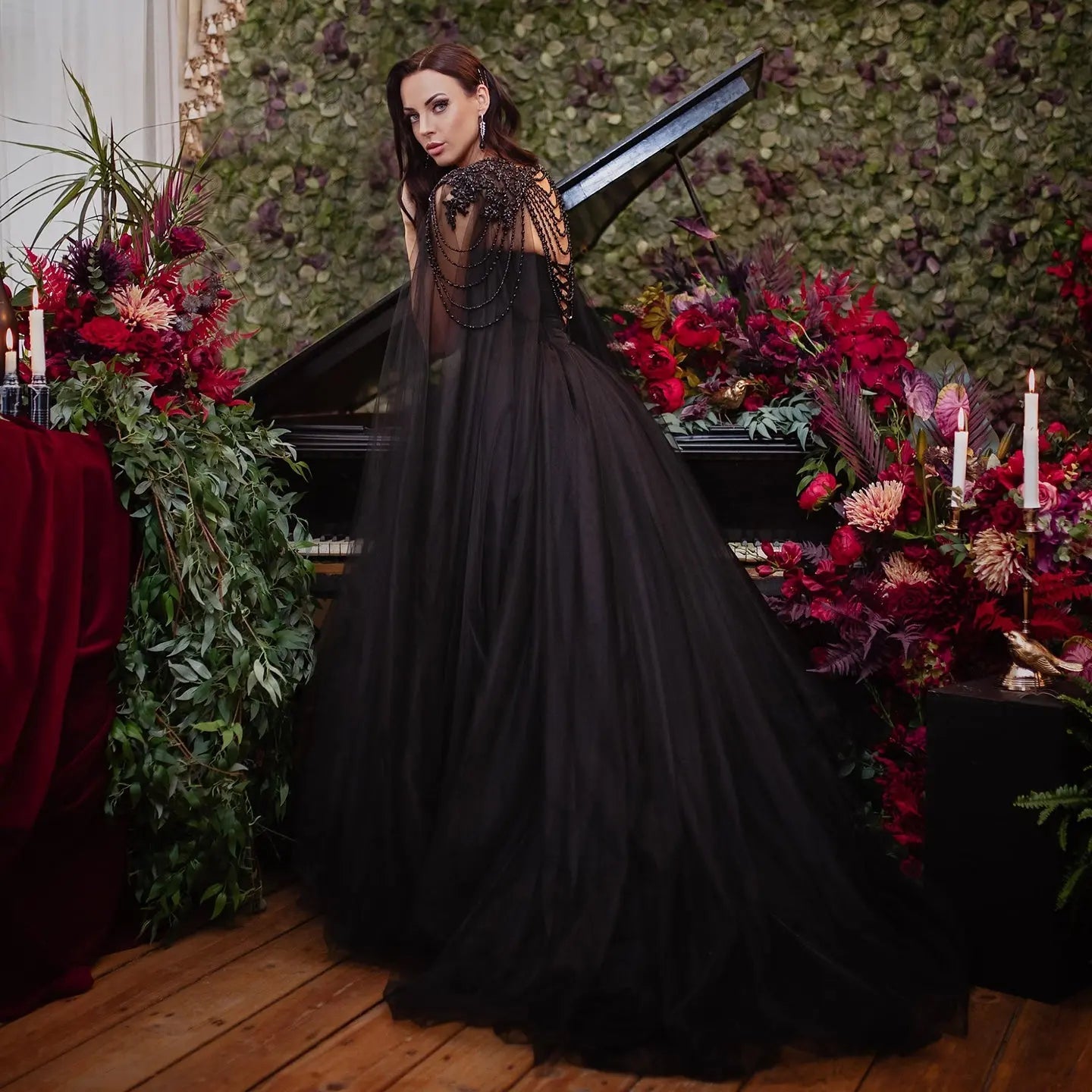 Black Luxury Gothic  Wedding Dress Beaded Tulle Ball Gown With Sheer Beaded Cape SW564
