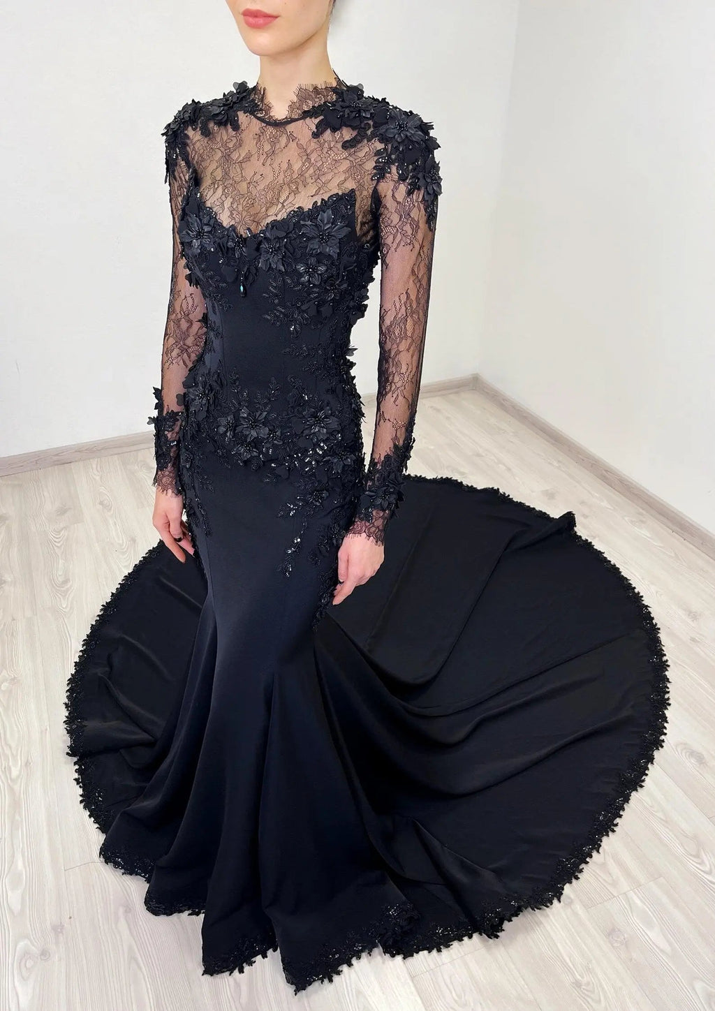 Black Luxury Gothic Wedding Dress Mermaid 3D Floral  With Lace Edge Train SW552