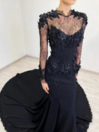 Black Luxury Gothic Wedding Dress Mermaid 3D Floral  With Lace Edge Train SW552