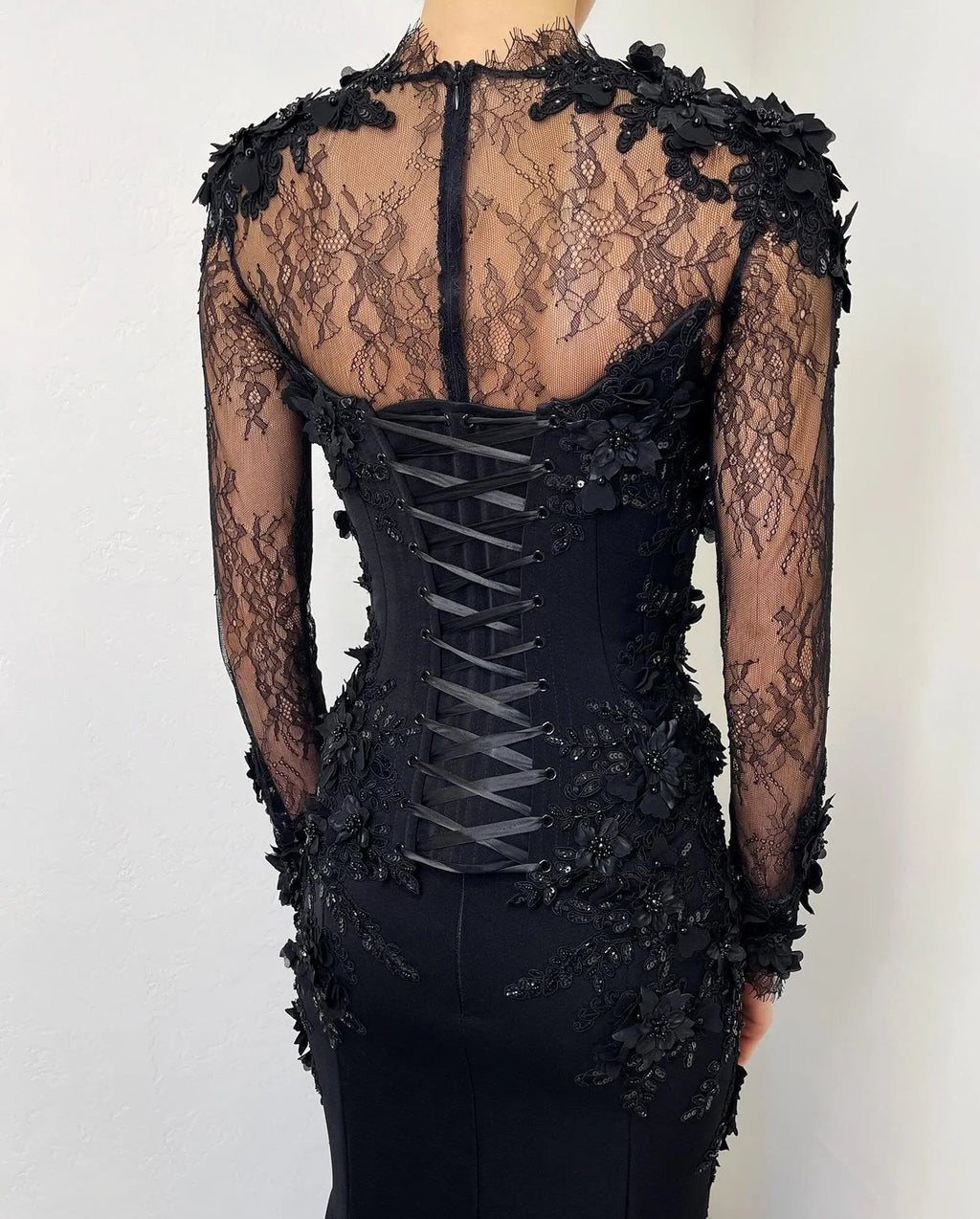 Black Luxury Gothic Wedding Dress Mermaid 3D Floral  With Lace Edge Train SW552
