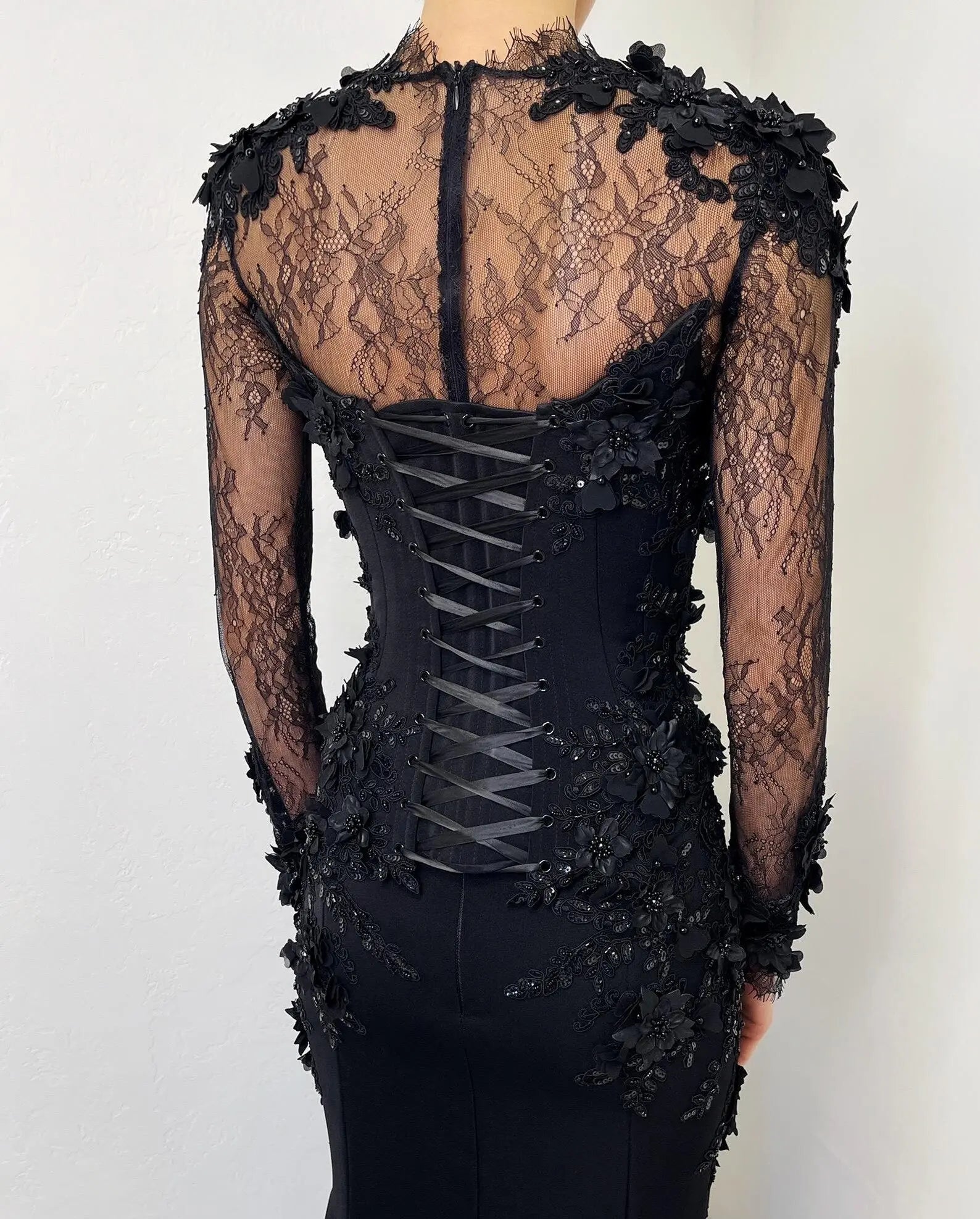 Black Luxury Gothic Wedding Dress Mermaid 3D Floral  With Lace Edge Train SW552