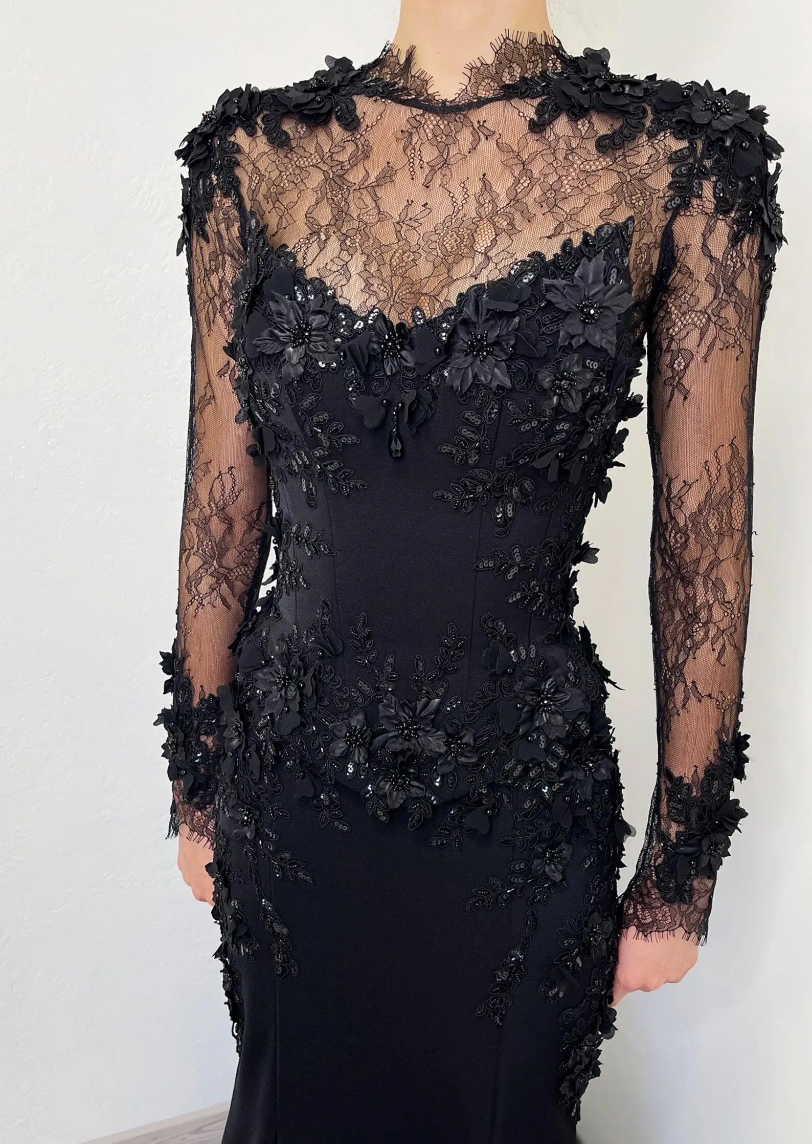 Black Luxury Gothic Wedding Dress Mermaid 3D Floral  With Lace Edge Train SW552