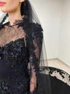Black Luxury Gothic Wedding Dress Mermaid 3D Floral  With Lace Edge Train SW552