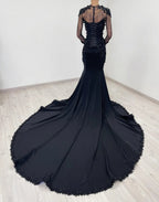 Black Luxury Gothic Wedding Dress Mermaid 3D Floral  With Lace Edge Train SW552
