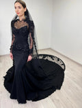 Black Luxury Gothic Wedding Dress Mermaid 3D Floral  With Lace Edge Train SW552