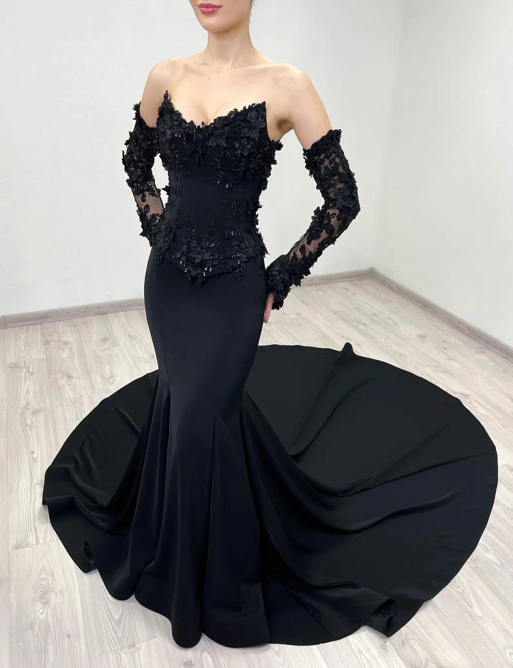 Black Luxury Gothic Wedding Dress Mermaid 3D Floral Lace  SW553