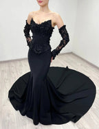 Black Luxury Gothic Wedding Dress Mermaid 3D Floral Lace  SW553