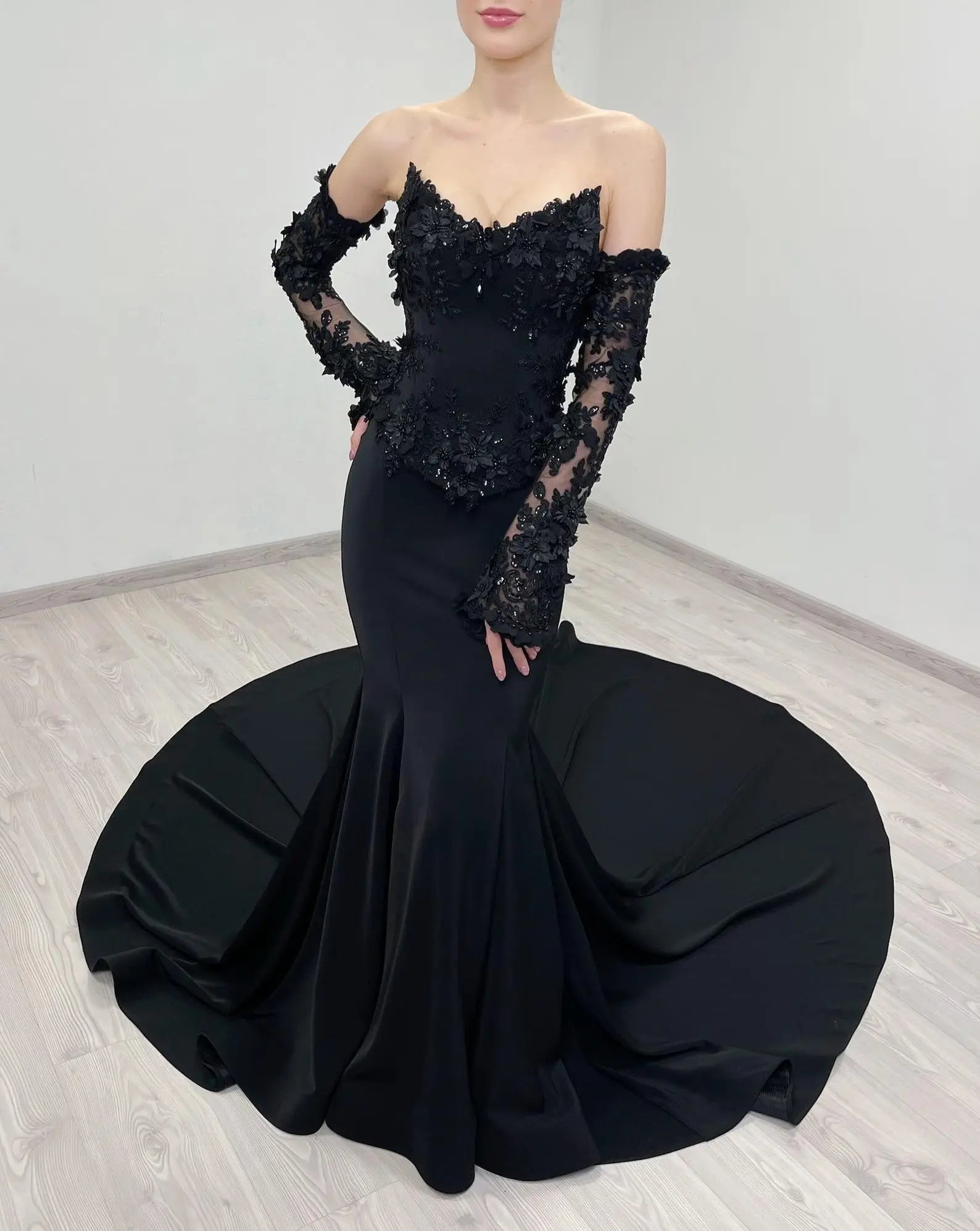 Black Luxury Gothic Wedding Dress Mermaid 3D Floral Lace  SW553