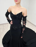Black Luxury Gothic Wedding Dress Mermaid 3D Floral Lace  SW553