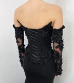 Black Luxury Gothic Wedding Dress Mermaid 3D Floral Lace  SW553