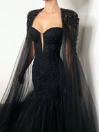 Black Luxury Gothic Wedding Dress Mermaid Beaded Lace Tassel Cape  SW554