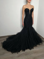Black Luxury Gothic Wedding Dress Mermaid Beaded Lace Tassel Cape  SW554