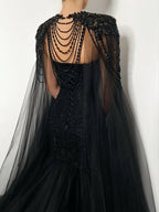 Black Luxury Gothic Wedding Dress Mermaid Beaded Lace Tassel Cape  SW554