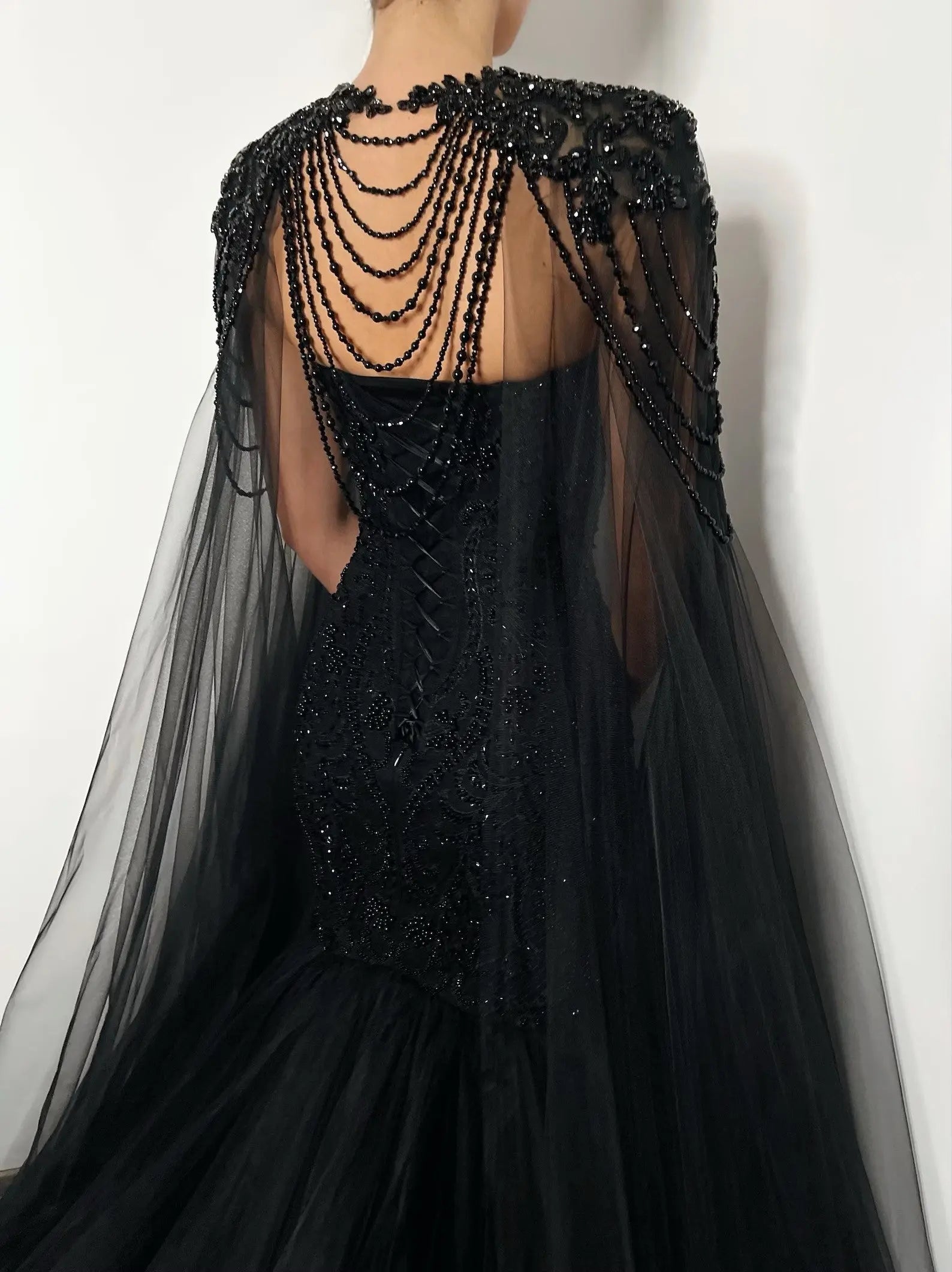 Black Luxury Gothic Wedding Dress Mermaid Beaded Lace Tassel Cape  SW554