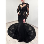 Black Luxury Gothic Heavy Beading Wedding Dress Mermaid Sheer Full Lace Circular Train SW555