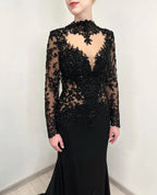 Black Luxury Gothic Heavy Beading Wedding Dress Mermaid Sheer Full Lace Circular Train SW555