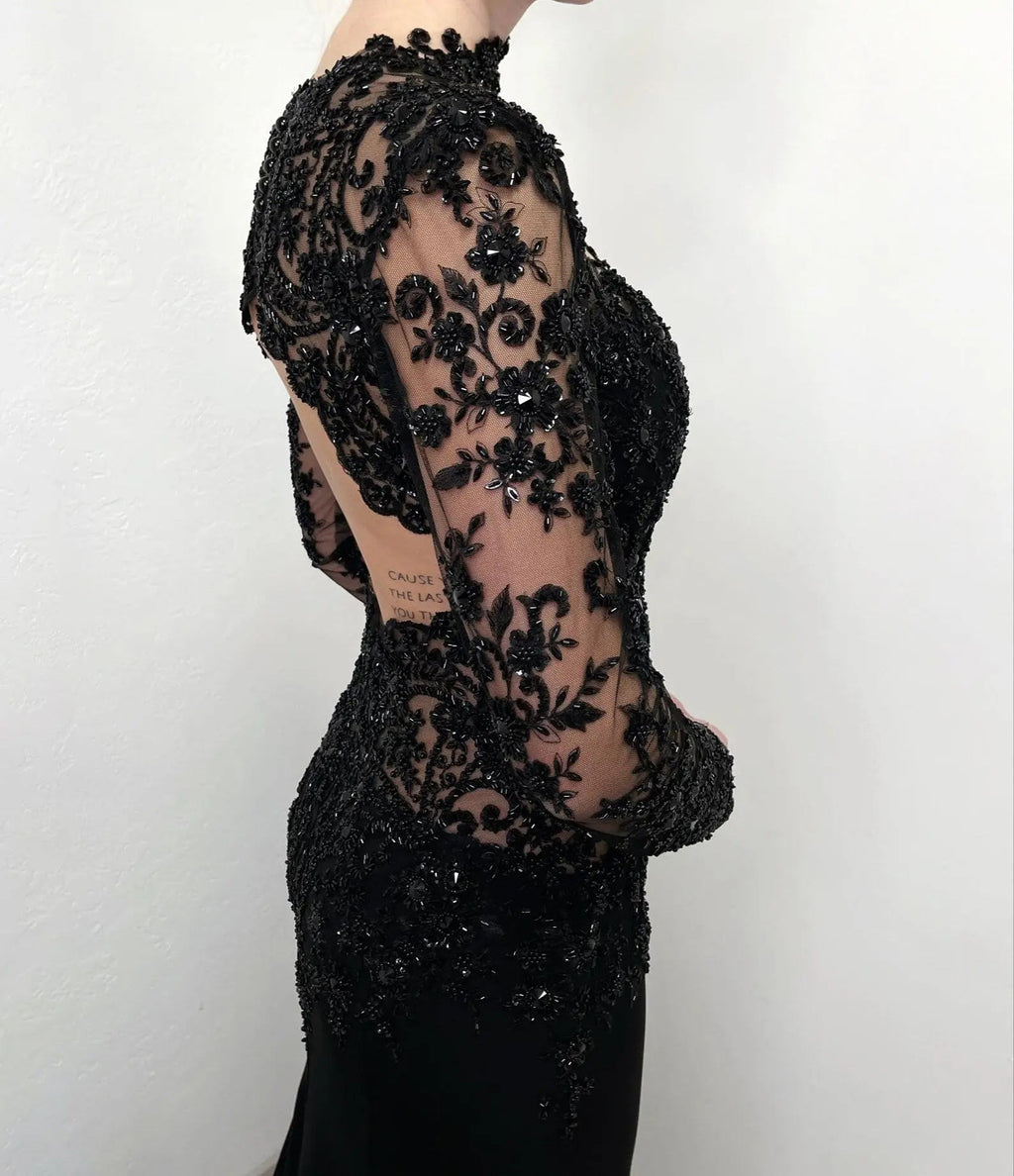 Black Luxury Gothic Heavy Beading Wedding Dress Mermaid Sheer Full Lace Circular Train SW555
