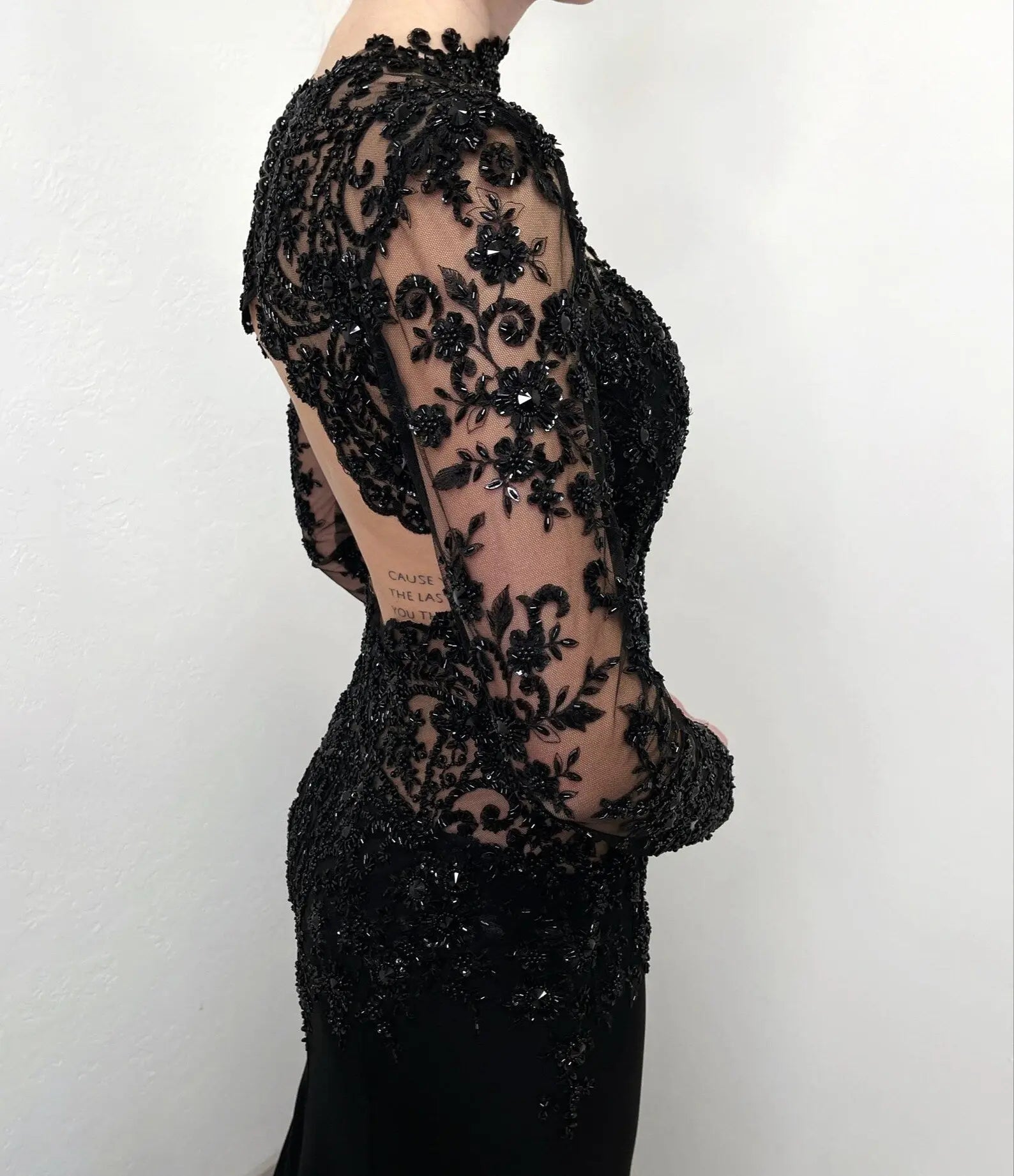 Black Luxury Gothic Heavy Beading Wedding Dress Mermaid Sheer Full Lace Circular Train SW555