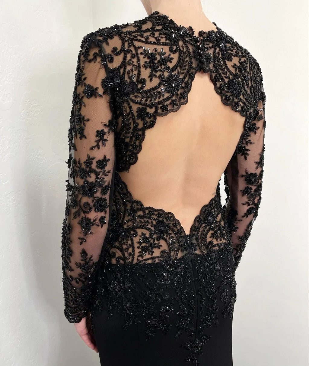 Black Luxury Gothic Heavy Beading Wedding Dress Mermaid Sheer Full Lace Circular Train SW555