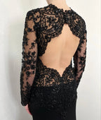 Black Luxury Gothic Heavy Beading Wedding Dress Mermaid Sheer Full Lace Circular Train SW555