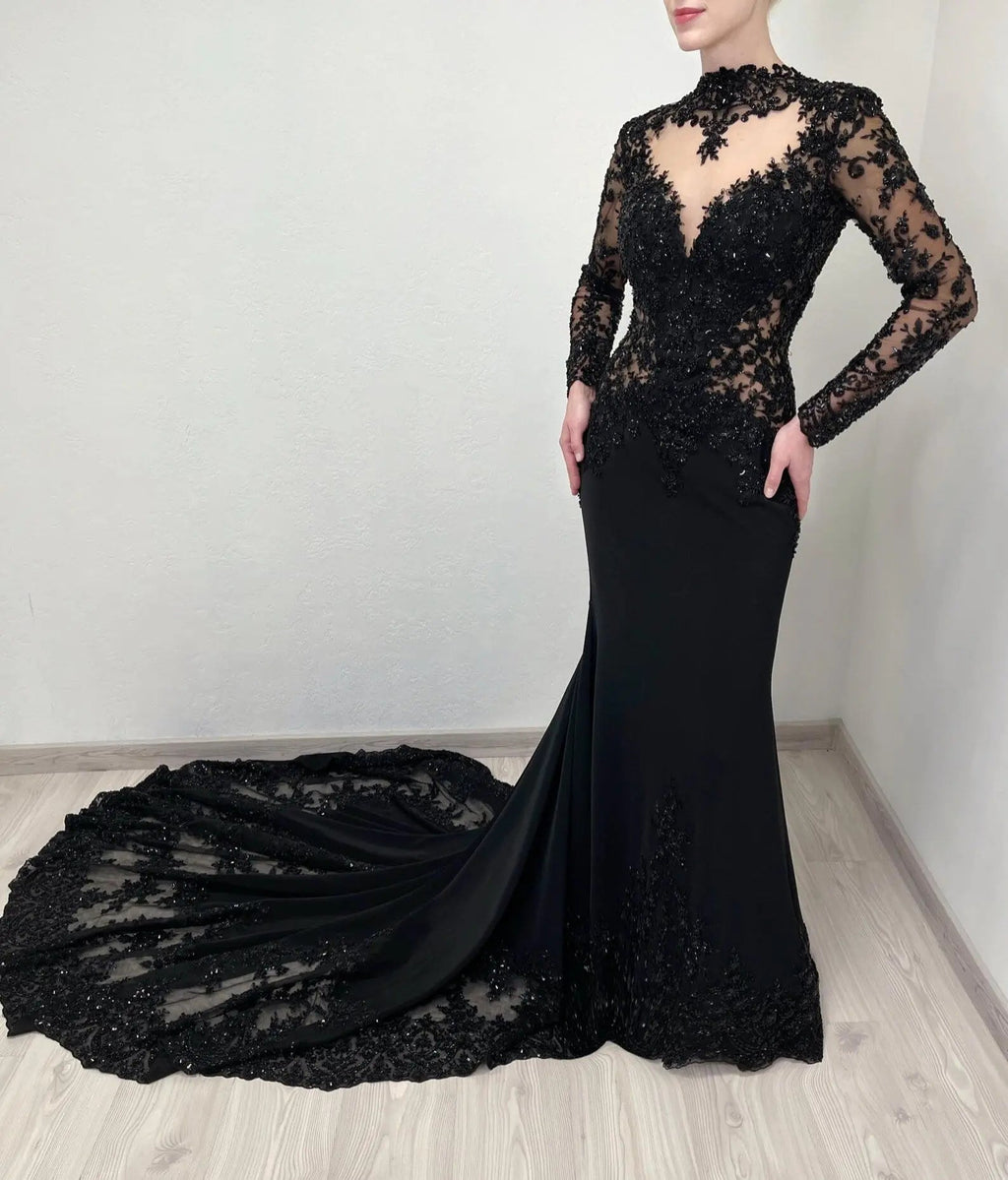 Black Luxury Gothic Heavy Beading Wedding Dress Mermaid Sheer Full Lace Circular Train SW555