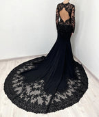 Black Luxury Gothic Heavy Beading Wedding Dress Mermaid Sheer Full Lace Circular Train SW555
