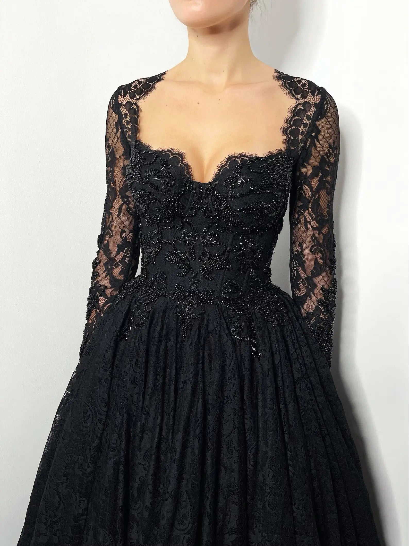 Black Luxury Gothic Wedding Dress Heavy Beaded Lace Ball Gown  SW557