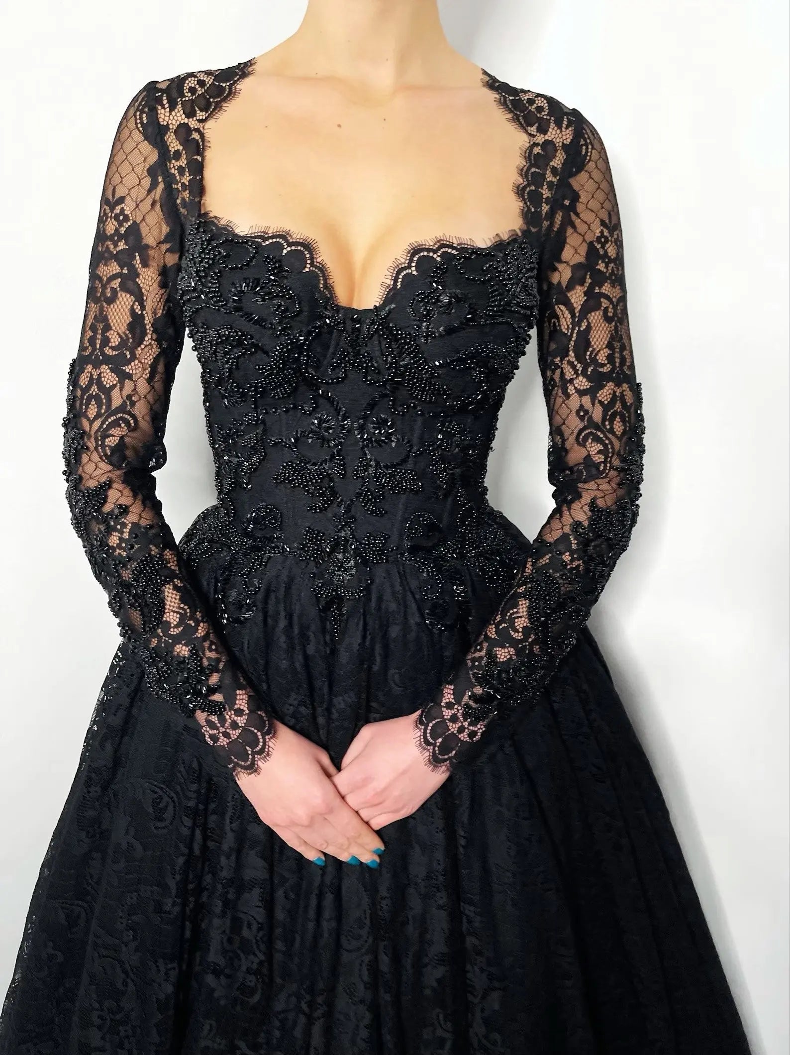 Black Luxury Gothic Wedding Dress Heavy Beaded Lace Ball Gown  SW557