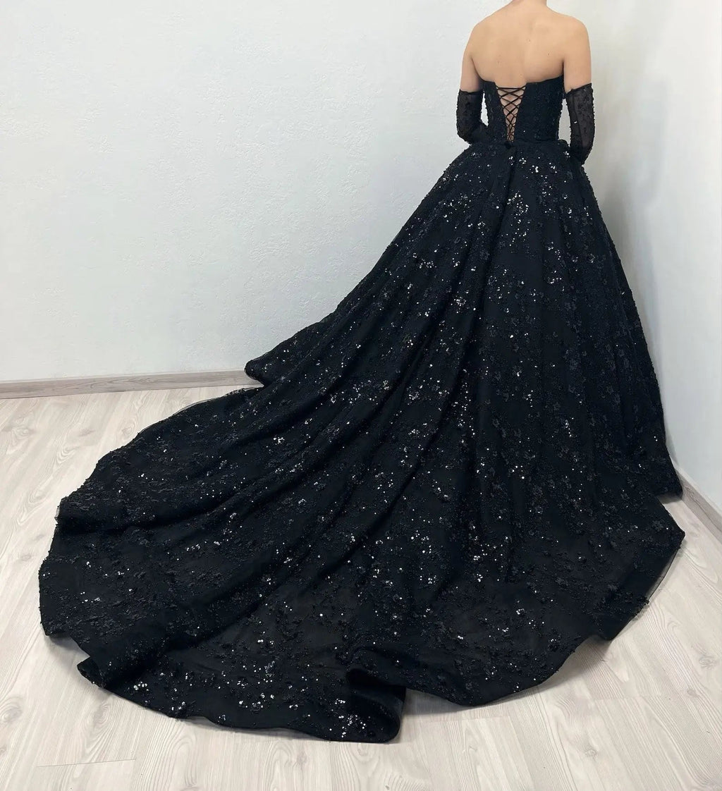 Black Luxury Gothic Sequin Ballgown Tulle Wedding Dress  SW565