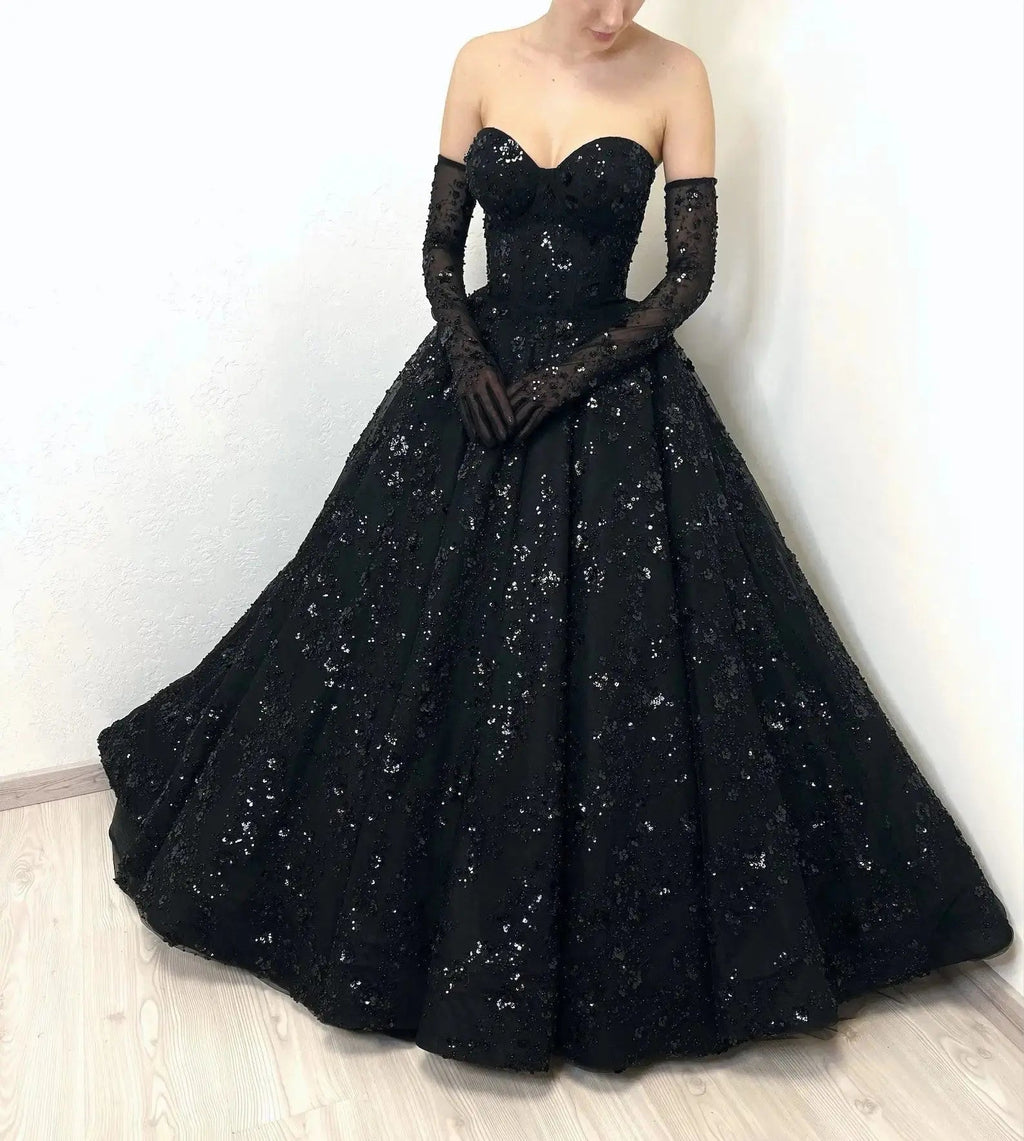 Black Luxury Gothic Sequin Ballgown Tulle Wedding Dress  SW565