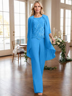 Separates Jumpsuit/Pantsuit Scoop Floor-Length Chiffon Lace Mother of the Bride Dress With Beading Sequins