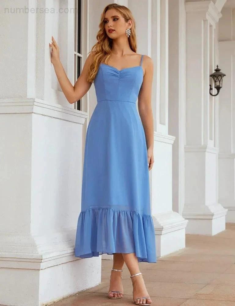 Numbersea Spaghetti Strap Chiffon Bridesmaid Dress Ankle Length Formal A Line Cocktail Party Homecoming Dress for Juniors SEA28028 by numbersea