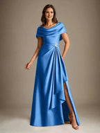 A-Line Scoop Floor-Length Stretch Satin Mother of the Bride Dress With Cascading Ruffles by Dreamylily