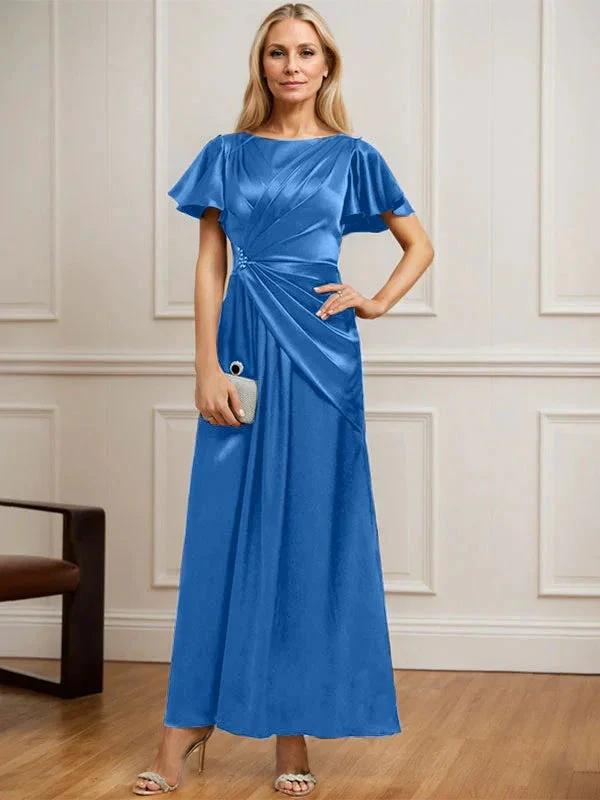 A-line Scoop Ankle-Length Stretch Satin Mother of the Bride Dress With Pleated Beading by Dreamylily