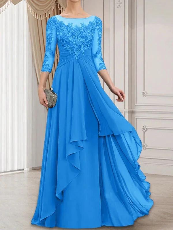 A-line Scoop Illusion Floor-Length Lace Chiffon Mother of the Bride Dress With Cascading Ruffles by Dreamylily