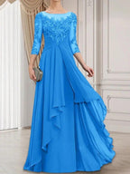 A-line Scoop Illusion Floor-Length Lace Chiffon Mother of the Bride Dress With Cascading Ruffles by Dreamylily