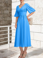 A-line V-Neck Tea-Length Lace Chiffon Mother of the Bride Dress With Pleated by Dreamylily
