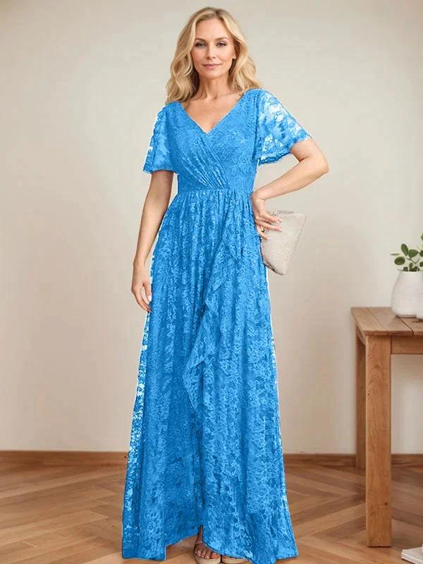 A-Line V-Neck Asymmetrical Lace Mother of the Bride Dress With Cascading Ruffles by Dreamylily