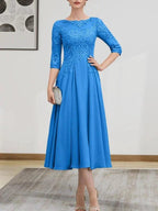 A-line Scoop Illusion Tea-Length Chiffon Lace Mother of the Bride Dress With Beading Sequins by Dreamylily