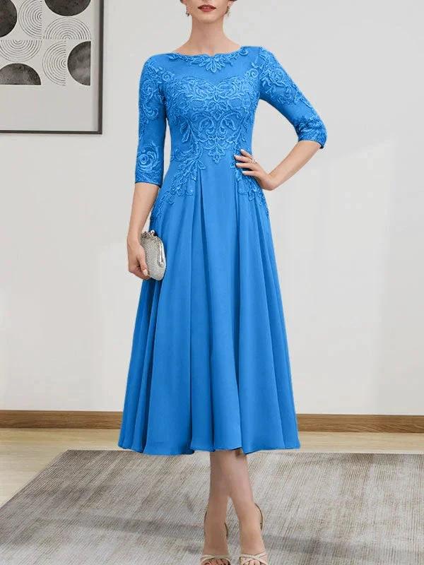 A-line Scoop Illusion Tea-Length Chiffon Lace Mother of the Bride Dress With Beading Sequins by Dreamylily